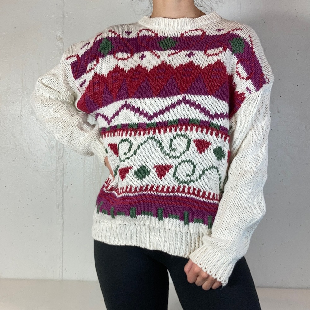 Vintage 80s White + Red Knit Crewneck Ski Sweater